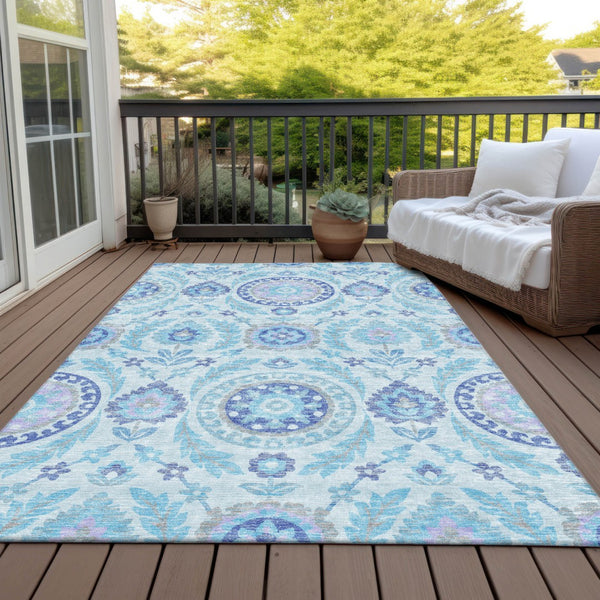 Homeroots 3' Floral Washable Area Rug In Artichoke Green And Blue - Perfect For Indoor And Outdoor Spaces 10' X 14' Polyester 584955