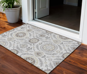 Homeroots 3' Floral Washable Area Rug In Artichoke Green And Blue - Perfect For Indoor And Outdoor Spaces 3' X 5' Polyester 584956