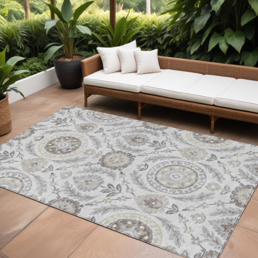HomeRoots 9' Floral Area Rug in Silver Gray and Taupe - Durable, Washable Design for Indoor and Outdoor Use 9' X 12' 584960