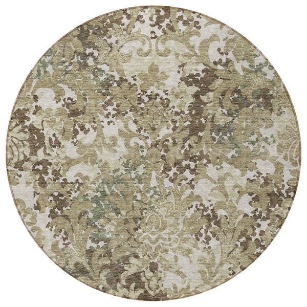 Homeroots 3' Beige Taupe Brown Floral Washable Indoor Outdoor Area Rug - Durable, Stylish & Easy To Maintain 8' Round Polyester 584964