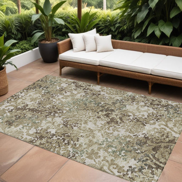 Homeroots 3' Beige Taupe Brown Floral Washable Indoor Outdoor Area Rug - Durable, Stylish & Easy To Maintain 9' X 12' Polyester 584966