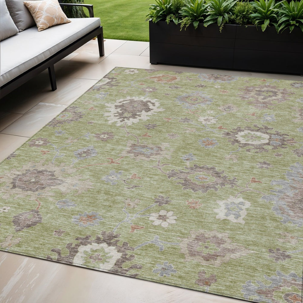 HomeRoots 5' Artichoke Green and Beige Floral Area Rug - Durable, Washable, Indoor/Outdoor for Any Space 5' X 8' 584969
