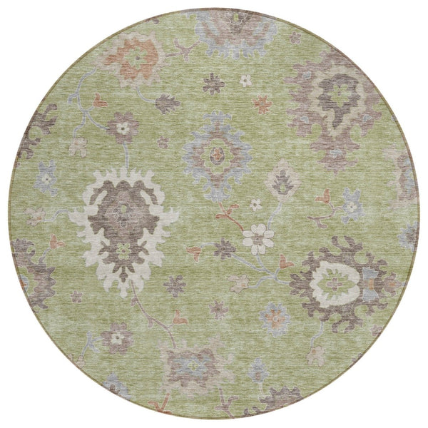 HomeRoots 5' Artichoke Green and Beige Floral Area Rug - Durable, Washable, Indoor/Outdoor for Any Space 8' Round 584970