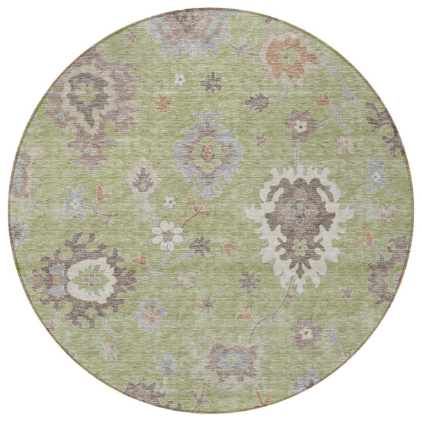 Homeroots 3' Artichoke Green Floral Washable Area Rug – Perfect For Indoor Or Outdoor Spaces, Durable & Stylish 8' Round Polyester 584970