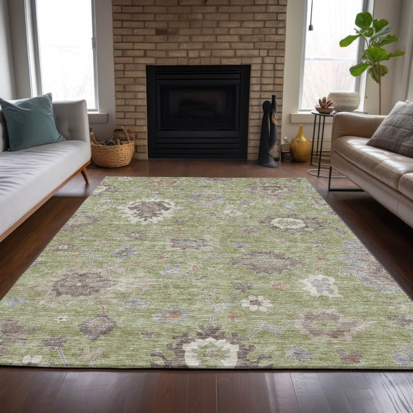 Homeroots 3' Artichoke Green Floral Washable Area Rug – Perfect For Indoor Or Outdoor Spaces, Durable & Stylish 8' X 10' Polyester 584971