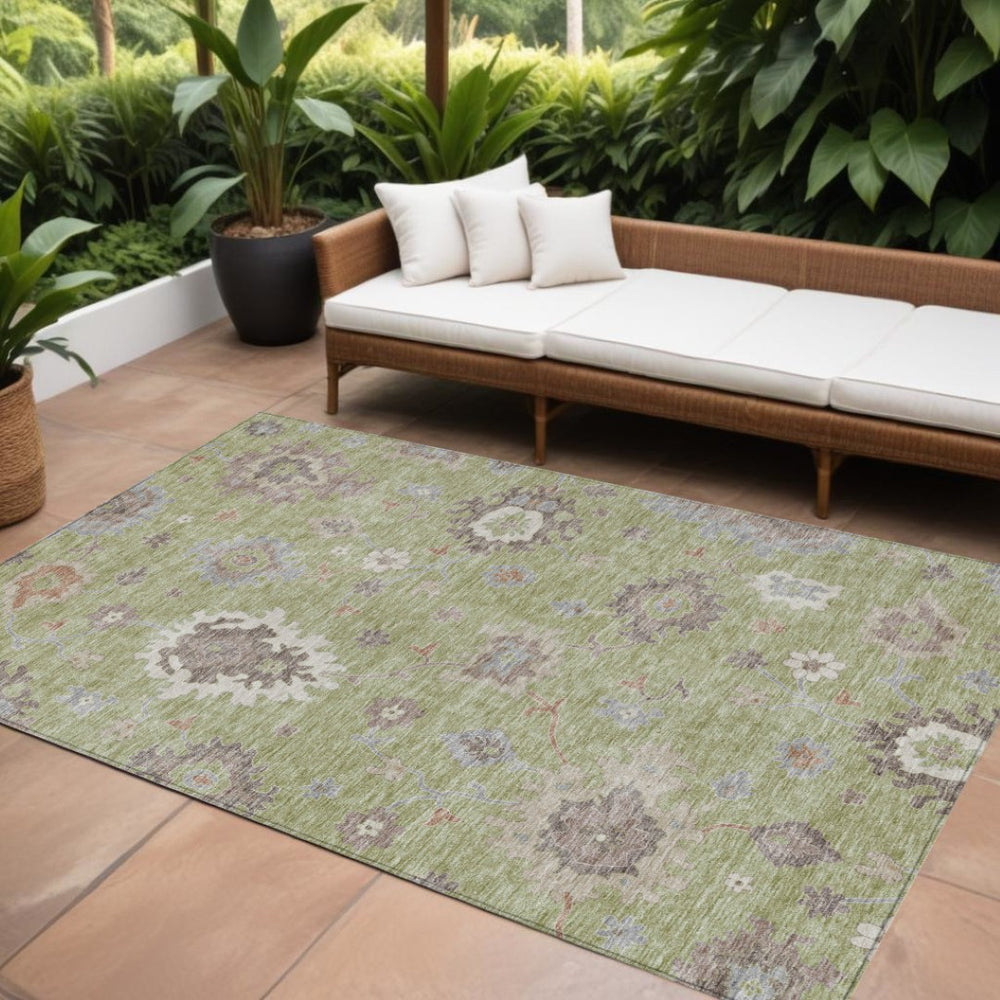 HomeRoots 9' Artichoke Green & Beige Floral Washable Area Rug – Durable, Stylish for Indoor & Outdoor Use 9' X 12' 584972