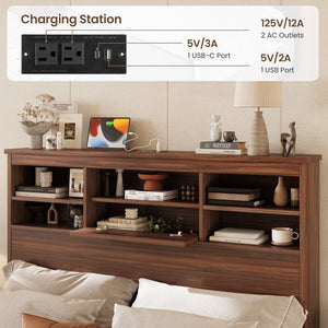 English Elm 4PCS Queen Bedroom Set with Storage Headboard & Built‑In Charging Station, 2 Nightstands, Dresser Walnut 54.25 L x 18.75 W x 9.25 H N733S307937W