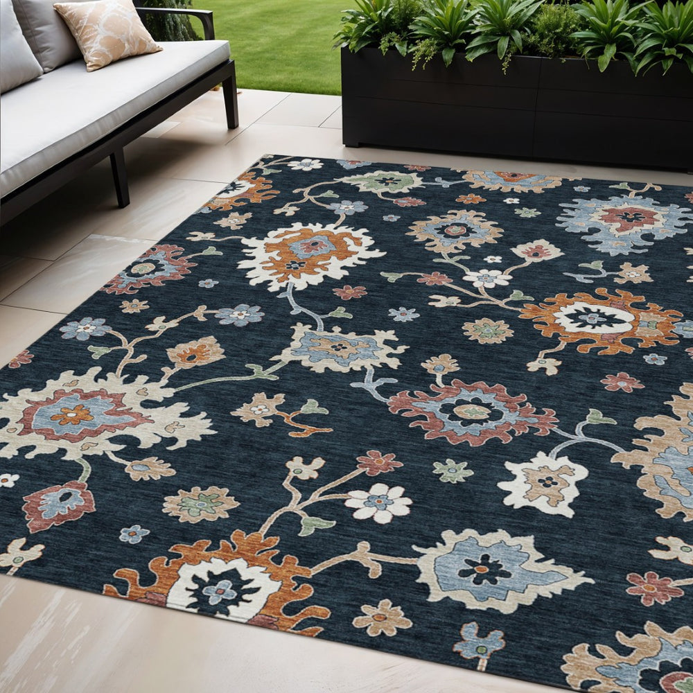 HomeRoots 5' Timeless Floral Washable Indoor Outdoor Area Rug in Black, Blue & Ivory for Versatile Living Spaces 5' X 8' 584975