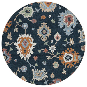 HomeRoots 5' Timeless Floral Washable Indoor Outdoor Area Rug in Black, Blue & Ivory for Versatile Living Spaces 8' Round 584976