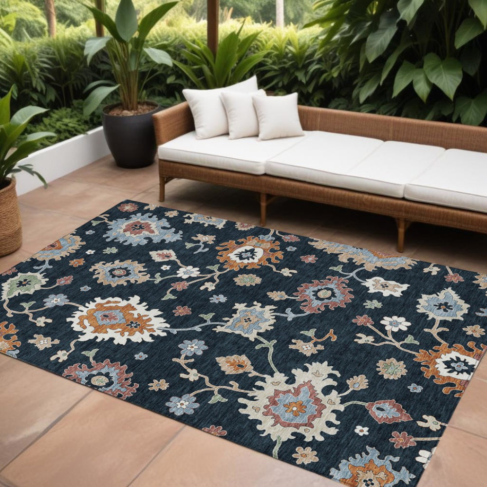 HomeRoots 9' Elegant Floral Washable Area Rug in Black, Blue & Ivory - Durable for Indoor & Outdoor Spaces 9' X 12' 584978