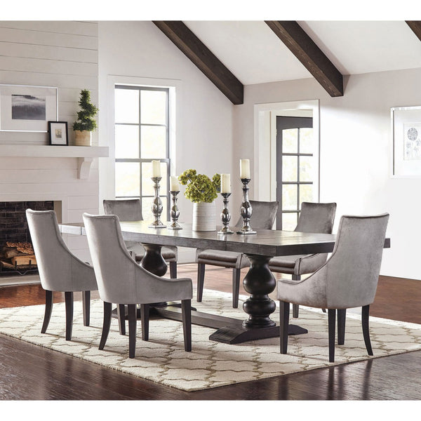 English Elm Vallerie 7-Piece Grey Velvet Dining Set with Distressed Noir Trestle Table & Extendable Leaves for 10 Guests B062S00883