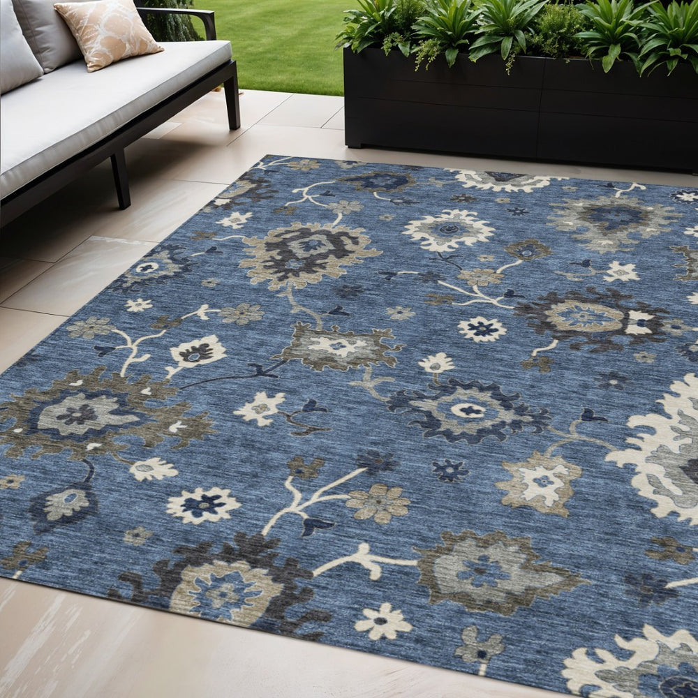 HomeRoots 5' Stylish Blue Gray Floral Washable Area Rug - Durable, Stain-Resistant for Indoor & Outdoor Use 5' X 8' 584981