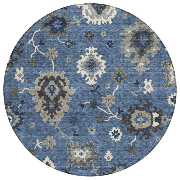 HomeRoots 5' Stylish Blue Gray Floral Washable Area Rug - Durable, Stain-Resistant for Indoor & Outdoor Use 8' Round 584982