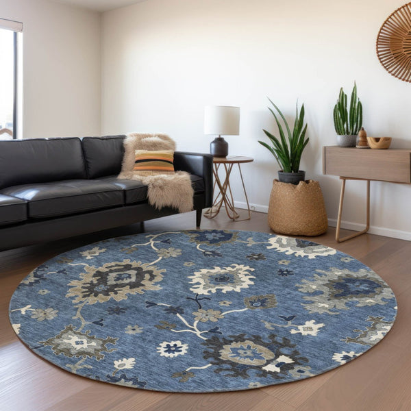 HomeRoots 5' Stylish Blue Gray Floral Washable Area Rug - Durable, Stain-Resistant for Indoor & Outdoor Use 8' Round 584982