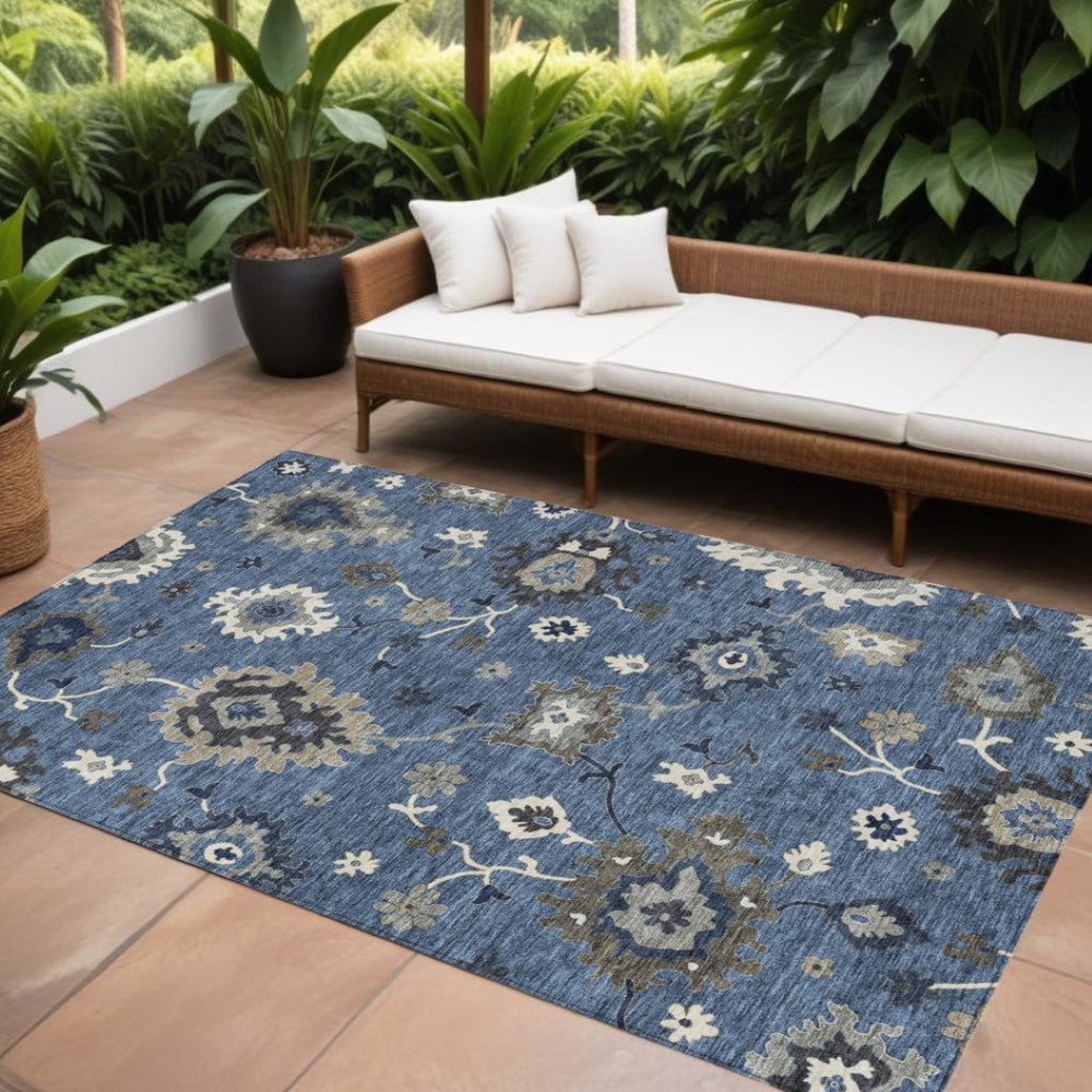 HomeRoots 9' Floral Washable Area Rug in Blue Gray and White for Indoor Outdoor Use - Durable and Stylish 9' X 12' 584984