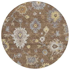 HomeRoots 5' Elegant Chocolate Taupe & White Floral Area Rug - Washable Indoor/Outdoor Durable Design 8' Round 584988