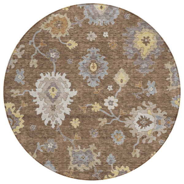 HomeRoots 5' Elegant Chocolate Taupe & White Floral Area Rug - Washable Indoor/Outdoor Durable Design 8' Round 584988