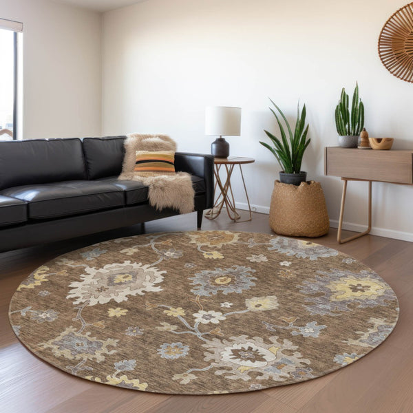 Homeroots 3' Artichoke Green Floral Washable Area Rug – Perfect For Indoor Or Outdoor Spaces, Durable & Stylish 8' Round Polyester 584988