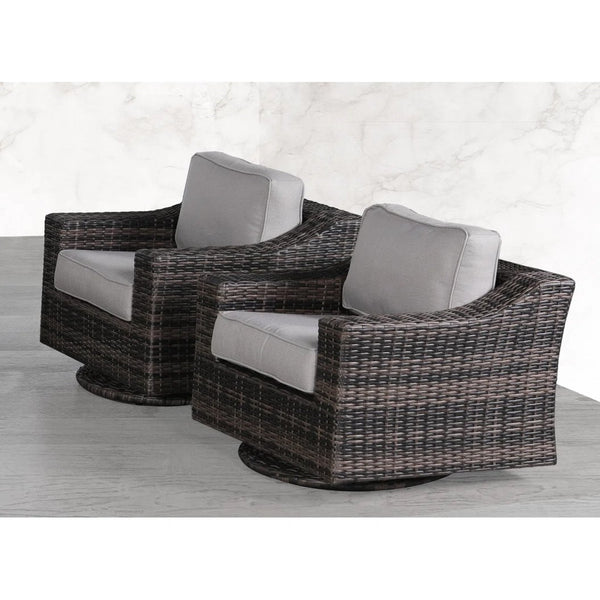 English Elm LSI Swivel Patio Chair Set of 2 — 360° Rotating HDPE Wicker, Rust‑Resistant Aluminum, Plush Cushions B120S00059
