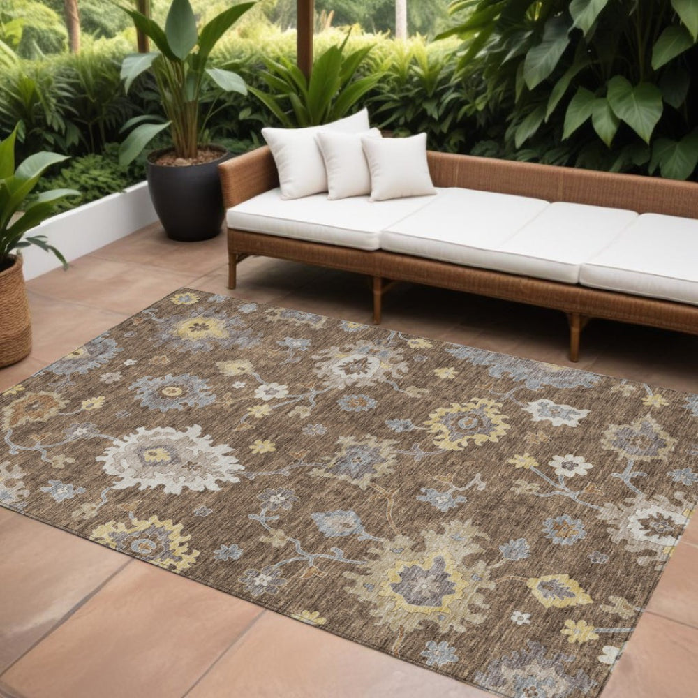 HomeRoots 5' Elegant Chocolate Taupe & White Floral Area Rug - Washable Indoor/Outdoor Durable Design 10' X 14' 584991