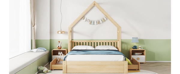 English Elm Wood Queen Size House Platform Bed with Guardrail and 2 Drawers — Charming Kids’ Playful Storage Bedframe Natural GX000726AAN