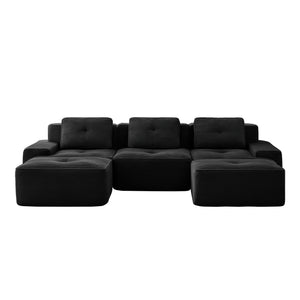 English Elm 117" Modern U-Shaped Modular Sectional Sofa, Black Corduroy, Deep Seat & Movable Ottoman, No Assembly! W714S01478