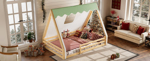 English Elm Twin Montessori Floor Bed Solid Pine Teepee Frame with Guardrails and Canopy Light Natural W1580P369468
