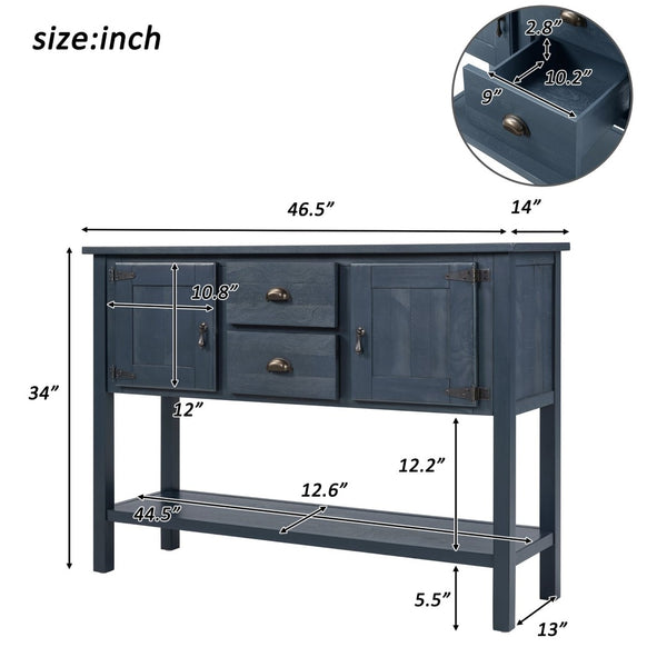 English Elm 46'' Solid Pine Retro Buffet Server with Iron Hardware Drawers Cabinets and Open Shelf Navy Blue W1202P457252