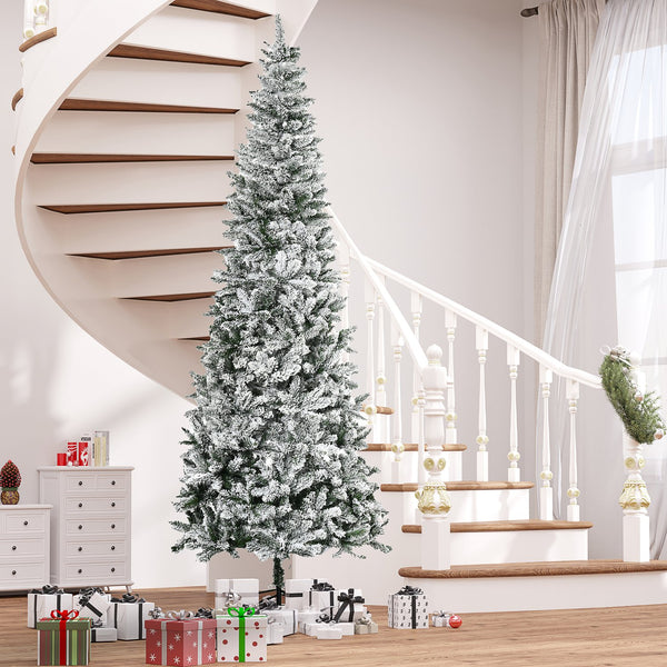 English Elm Homcom 9Ft Slim Snow-Flocked Pine Christmas Tree With Realistic Branches & Easy Setup For Tight Spaces W2225P229295