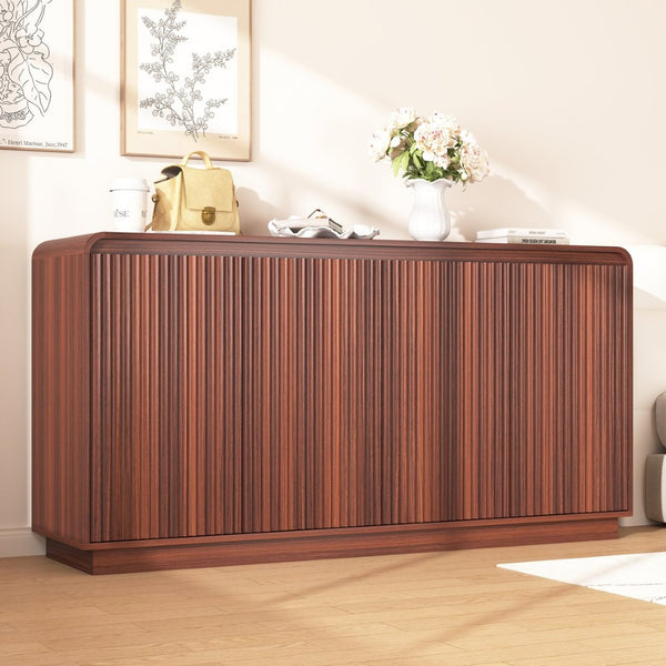 English Elm Black Fluted Wave Door Media Console with Built-in Power Outlet and Adjustable Shelving Walnut W409P452058