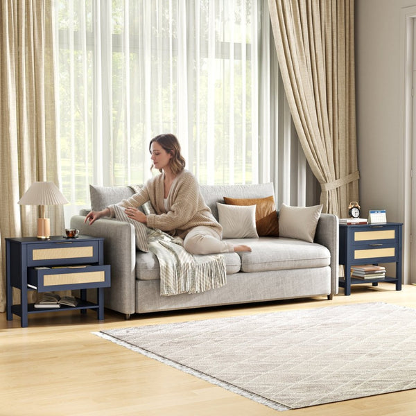 English Elm Rattan Front Boho Coastal Nightstand with Gold Pulls Open Shelf and Woven Drawer Accents Navy Blue T3210P471551