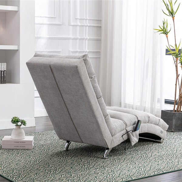 English Elm Linen Ergonomic Massage Chaise Lounge with Remote Control, 140° Recline, Heavy-Duty Frame, 5 Modes LIGHT GREY W39539625