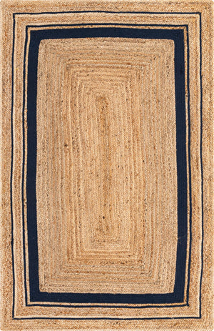 Unique Loom Braided Jute Gujarat Hand Woven Border Rug Natural and Navy Blue, Navy Blue 5' 1" x 8' 0"