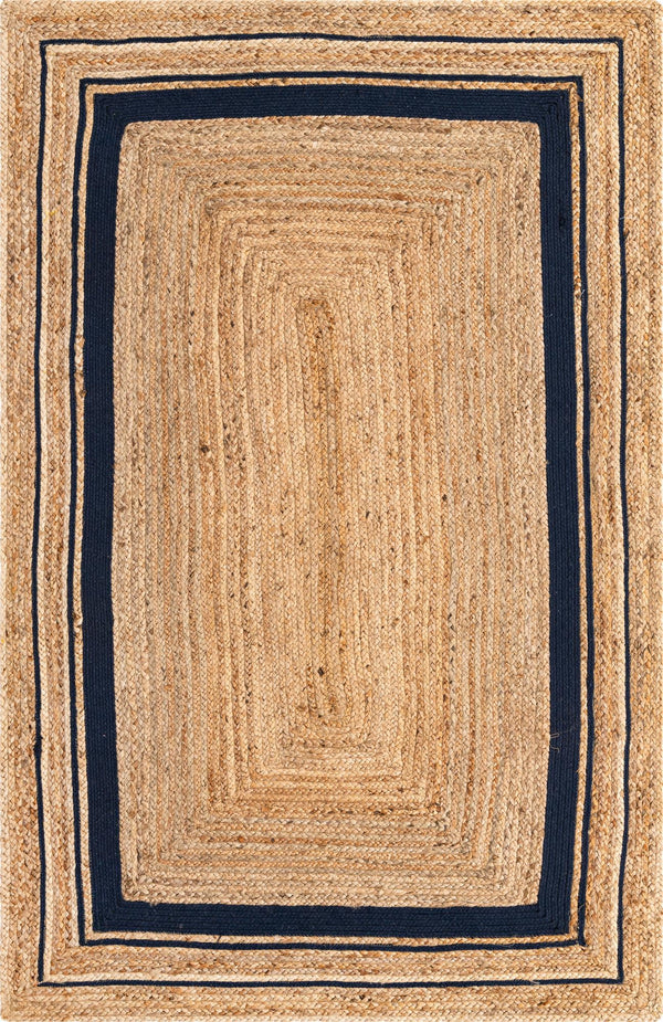 Unique Loom Braided Jute Gujarat Hand Woven Border Rug Natural and Navy Blue, Navy Blue 5' 1" x 8' 0"