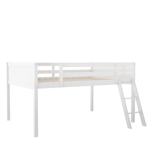 English Elm Full Low Loft Bed Pine Wood with Ladder & Guardrails, Space-Saving Play Area, Secure 350lb Capacity White WF531952AAK