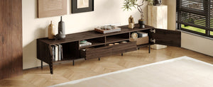 English Elm 78 Inch Walnut Media Console with Slatted Doors Iron Legs and Cable Management N710P373591Q