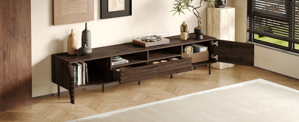 English Elm 78 Inch Walnut Media Console with Slatted Doors Iron Legs and Cable Management N710P373591Q