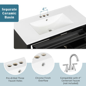 English Elm 36" Modern Bathroom Vanity with Ceramic Sink, Gold Handles, Flip-Out Drawer & Soft-Close Doors Black N725P283623B