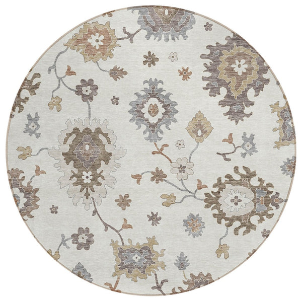 HomeRoots 5' Elegant Floral Area Rug in Ivory, Gray & Taupe – Washable & Durable for Indoor/Outdoor Use 8' Round 585000