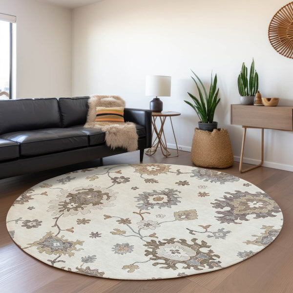 Homeroots 3' Artichoke Green Floral Washable Area Rug – Perfect For Indoor Or Outdoor Spaces, Durable & Stylish 8' Round Polyester 585000
