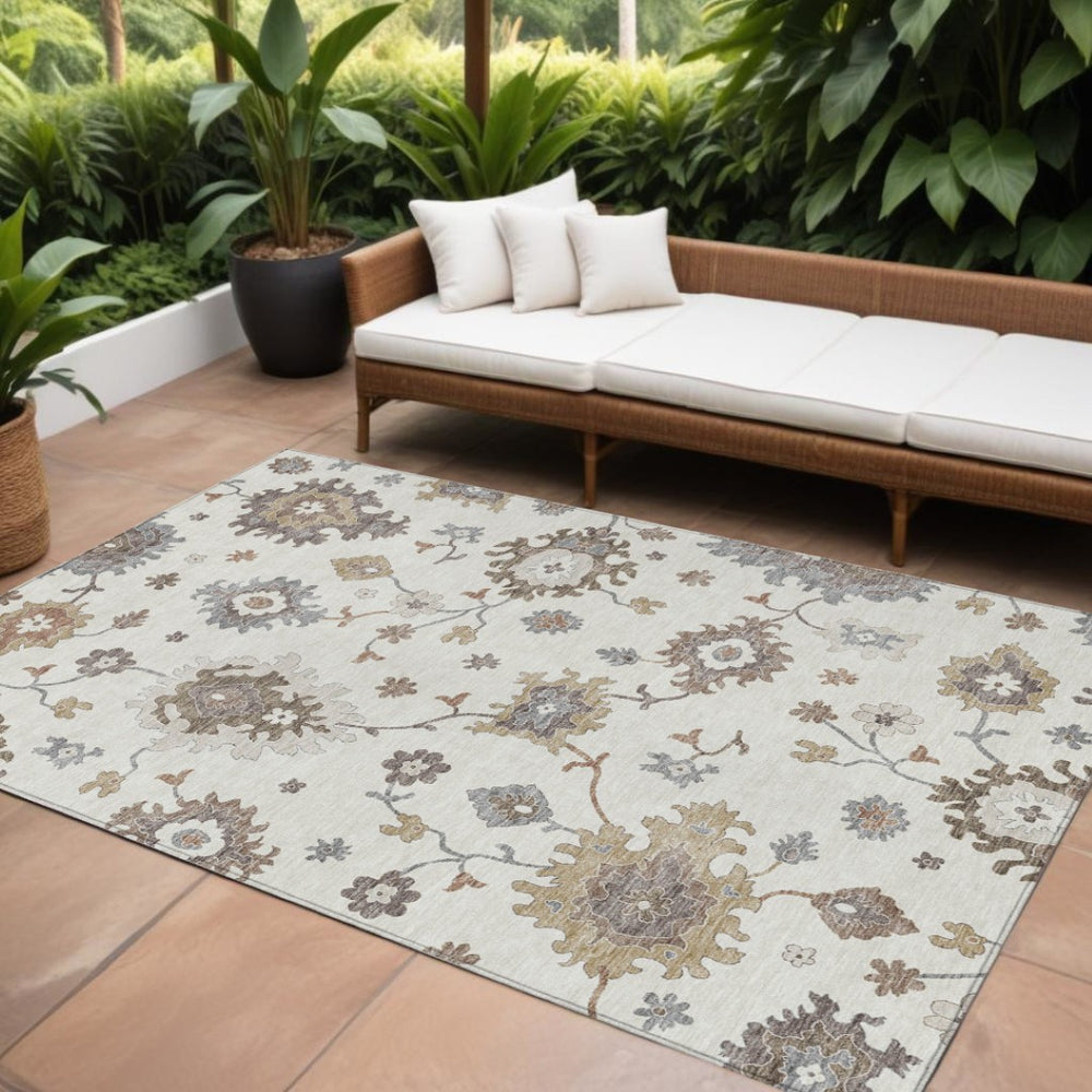 HomeRoots 5' Elegant Floral Area Rug in Ivory, Gray & Taupe – Washable & Durable for Indoor/Outdoor Use 8' X 10' 585001