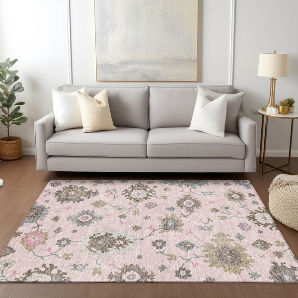 Homeroots 3' Artichoke Green Floral Washable Area Rug – Perfect For Indoor Or Outdoor Spaces, Durable & Stylish 5' X 8' Polyester 585005