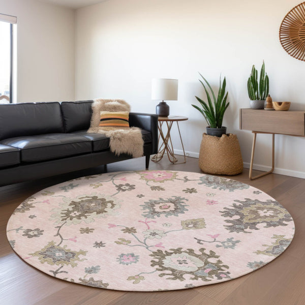 Homeroots 3' Artichoke Green Floral Washable Area Rug – Perfect For Indoor Or Outdoor Spaces, Durable & Stylish 8' Round Polyester 585006