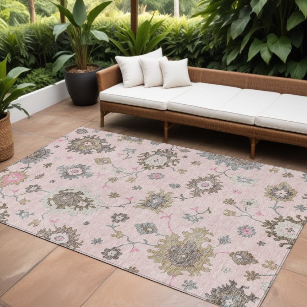 HomeRoots 5' Washable Floral Area Rug in Pink, Ivory & Chocolate - Perfect for Indoor & Outdoor Spaces 8' X 10' 585007