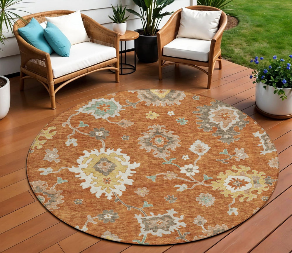 HomeRoots 5' Indoor Outdoor Area Rug with Timeless Orange, Ivory, and Gray Floral Design for Any Space 8' Round 585012