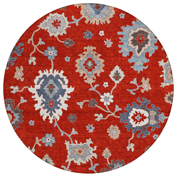 HomeRoots 5' Durable Floral Area Rug in Red, Gray, and Taupe – Perfect for Indoor and Outdoor Spaces! 8' Round 585018