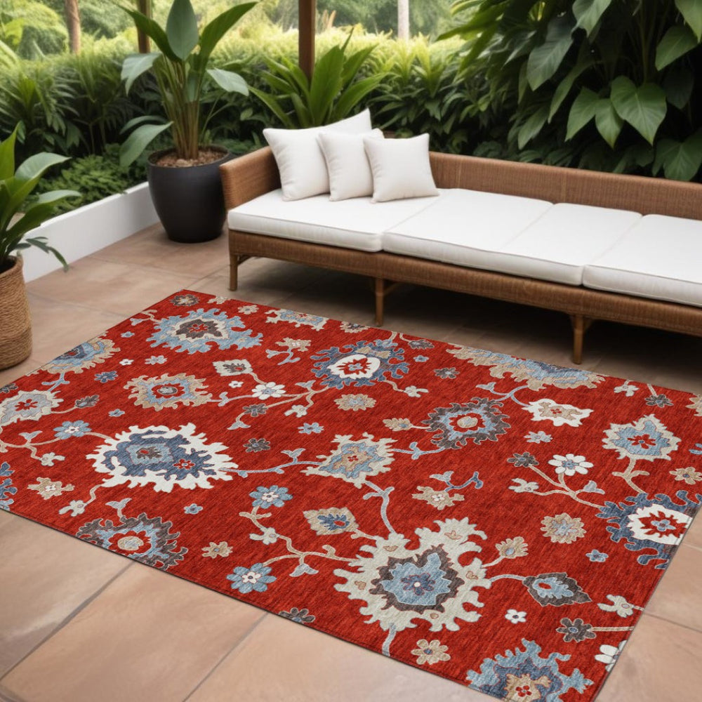 HomeRoots 9' Durable Floral Area Rug in Red, Gray, and Taupe – Stylish Washable Design for Indoors & Outdoors 9' X 12' 585020