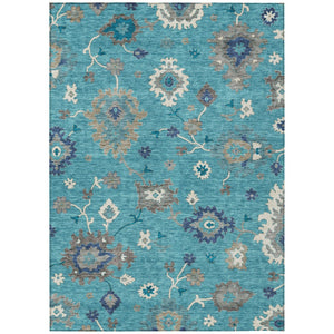 HomeRoots 5' Elegant Teal Blue Floral Area Rug - Washable, Durable Design for Indoor & Outdoor Living Spaces 5' X 8' 585029
