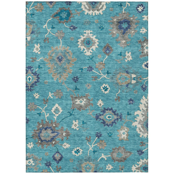 HomeRoots 5' Elegant Teal Blue Floral Area Rug - Washable, Durable Design for Indoor & Outdoor Living Spaces 5' X 8' 585029