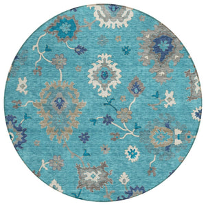 HomeRoots 5' Elegant Teal Blue Floral Area Rug - Washable, Durable Design for Indoor & Outdoor Living Spaces 8' Round 585030